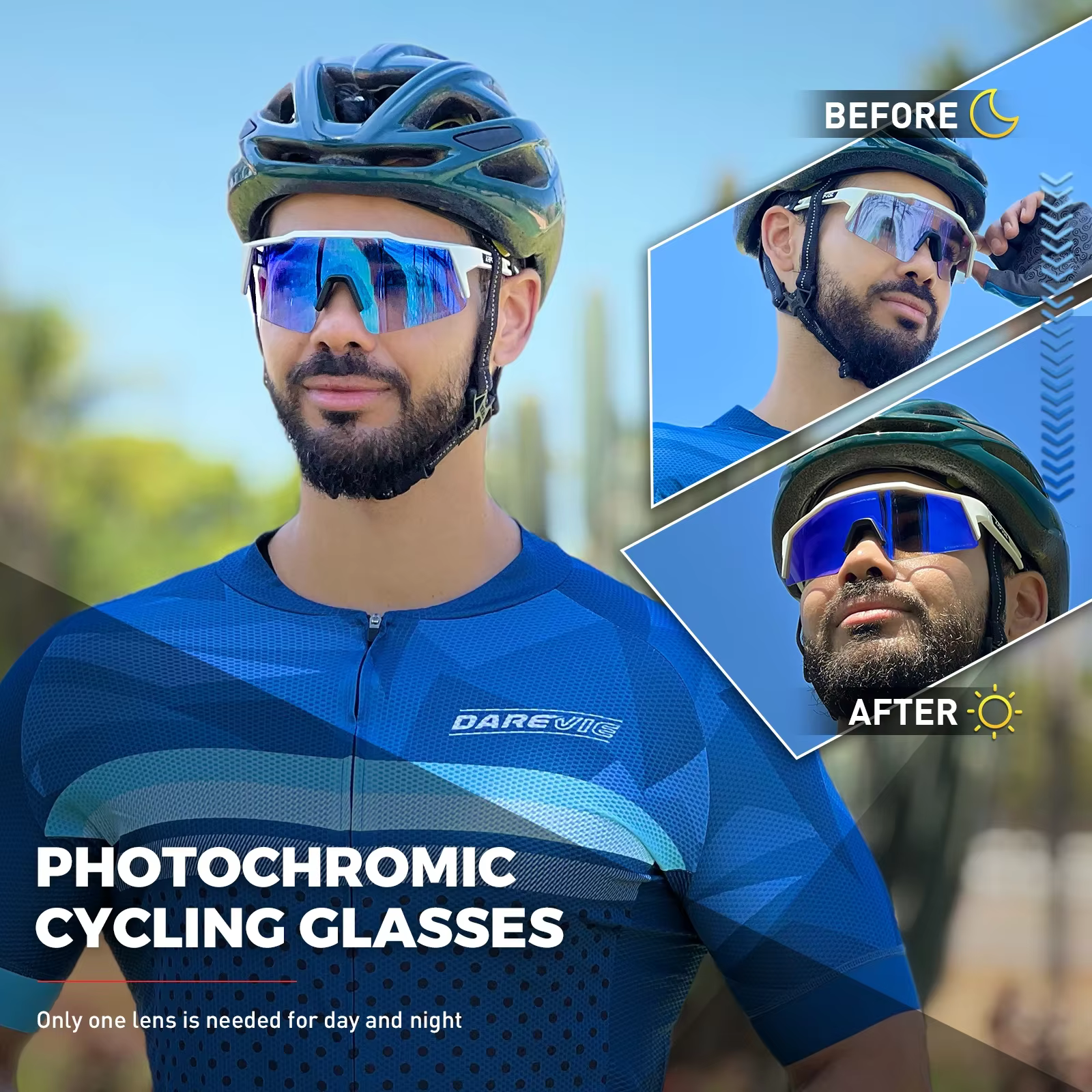 Kapvoe rouge photochromique cyclisme lunettes de soleil pour hommes bleu photochromisme