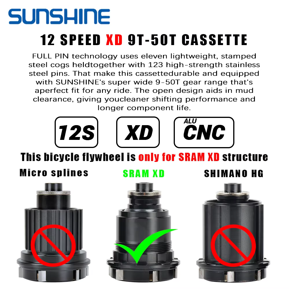 SUNSHINE XD Structure vélo Cassette 12 vitesses 9T-50T noir VTT roue libre 12V pour Sram XD
