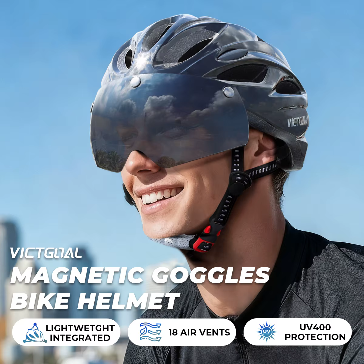 VICTGOAL Herren Fahrrad Helm Rückleuchte Magnetische Brille UV400 Linse Sonnenblende
