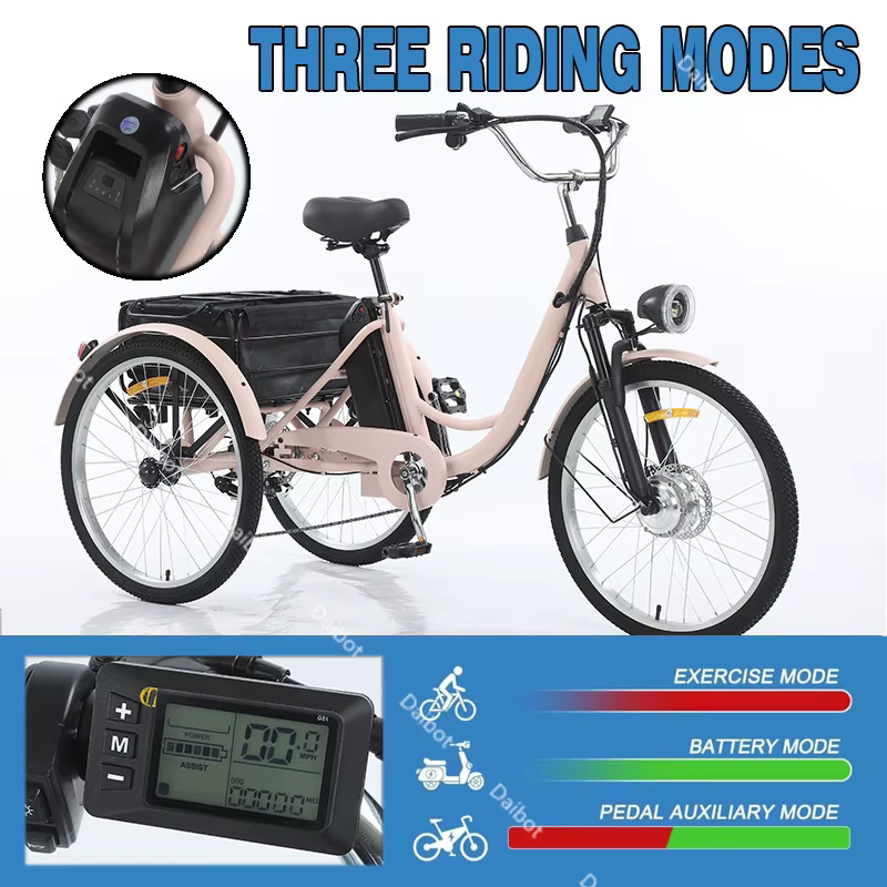 Tricycle électrique avec panier de chargement/traction pour adultes