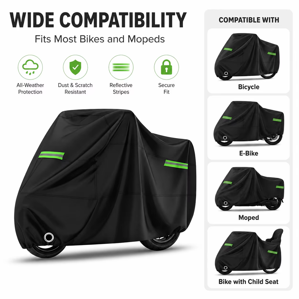 Housse pour vélo et cyclomoteur, tissu Oxford épais 500D, imperméable et résistant aux UV, fermeture éclair pour batterie, pour vélos électriques et sièges enfant, noir