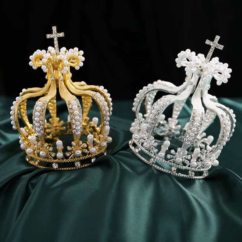 Accessoires de cheveux de mariée : Couronne de mariage en alliage, style baroque croisé, ornée de cristaux et de perles, diadème de mariée