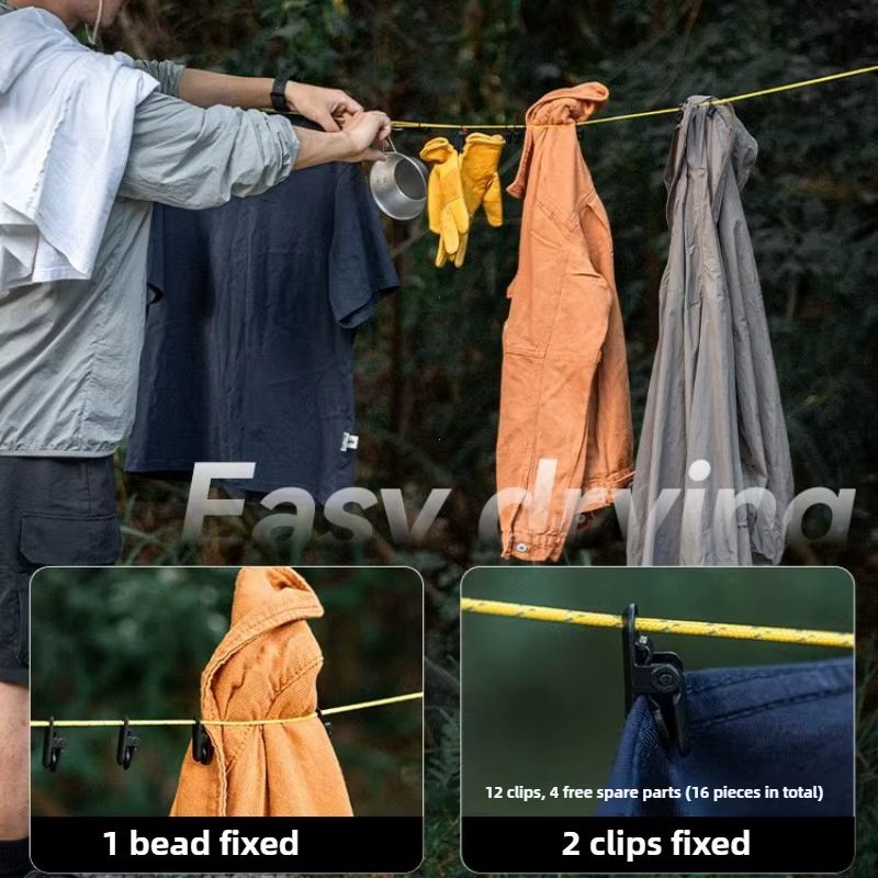 Corde à linge portable d'extérieur, accessoires de rangement pour la randonnée, corde à linge de camping réglable et coupe-vent, ligne de séchage pour le camping