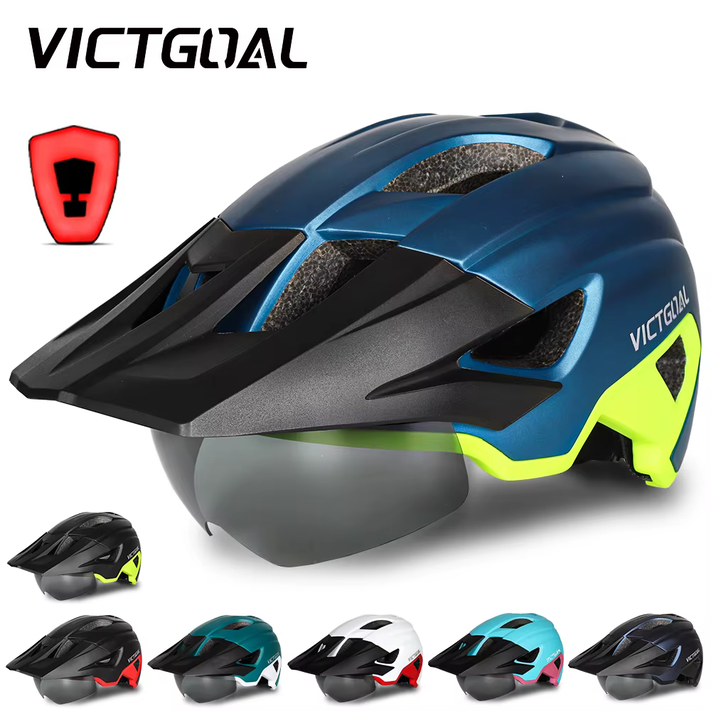 VICTGOAL casque de vélo avec lunettes de soleil visière feu arrière LED