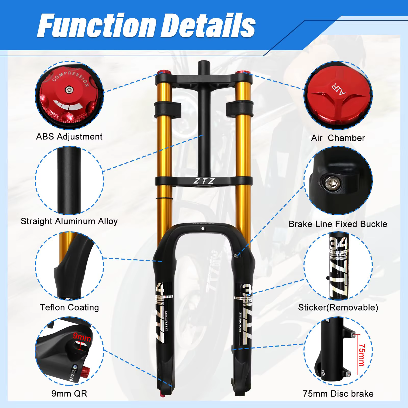 Fourche à air VTT ZTZ double suspension 20/26 pouces pour pneus larges 4.0