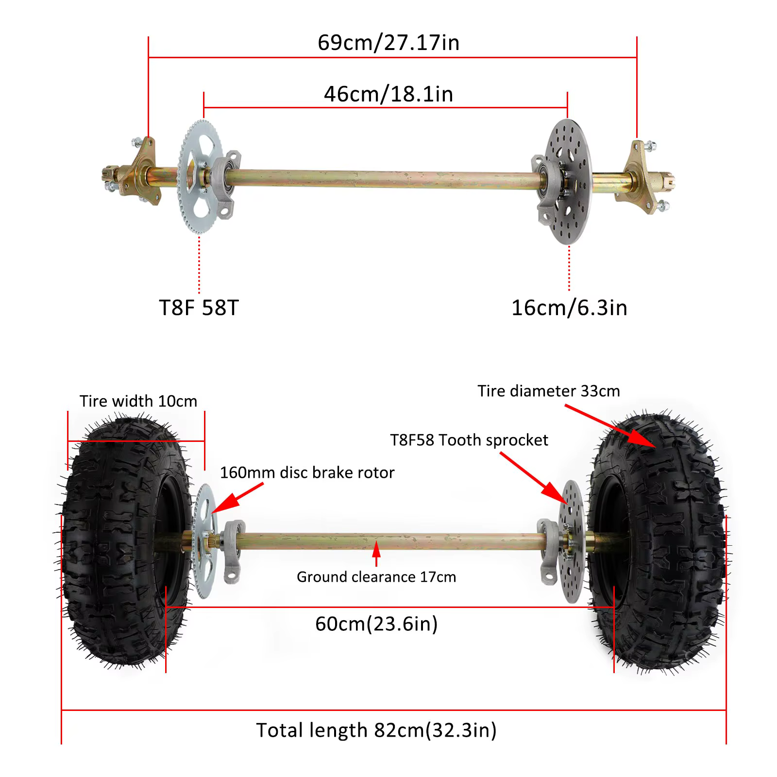 Kit complet de moyeu de roue d'assemblage d'essieu arrière de 29 pouces pour vélos de dérive Go Kart Quad Trike