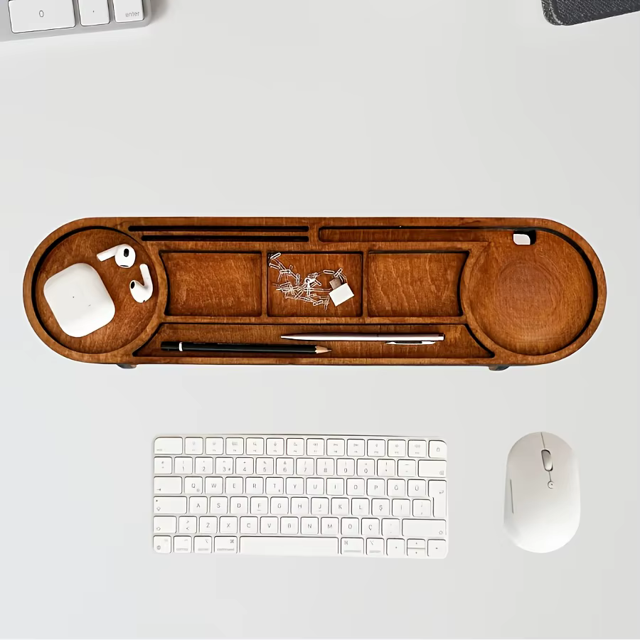 Organisateur de bureau en bois avec support surélevé, porte-gobelet multi-compartiments, porte-stylo, pour la papeterie de bureau et la décoration de bureau à domicile