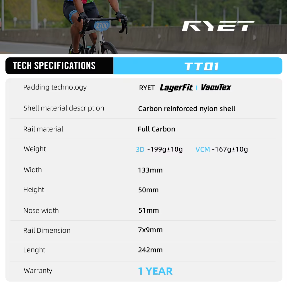 Selle de Triathlon RYET TT01 3D VCM à Nez Court