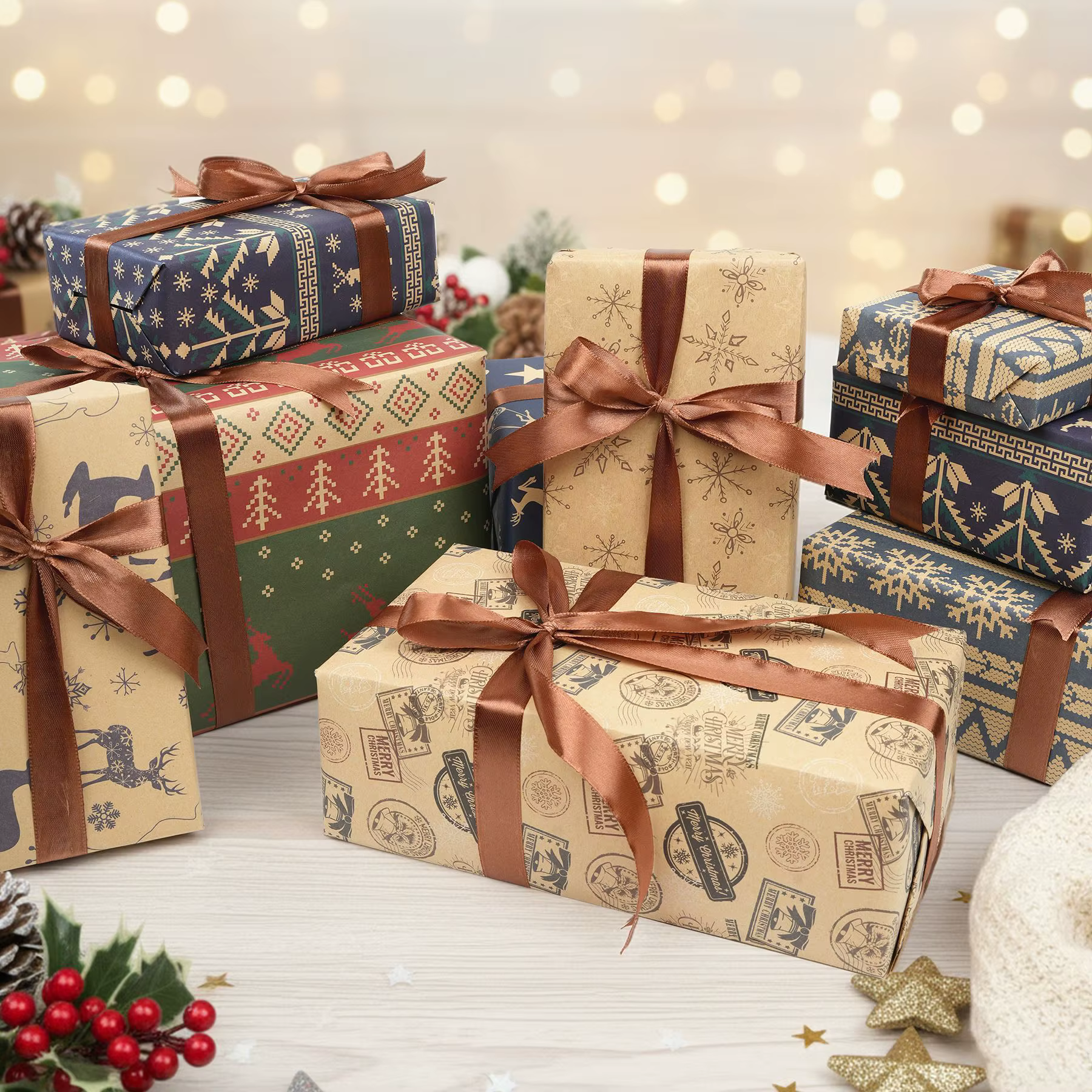 Série de papier cadeau kraft de Noël, utilisée pour la décoration de boîtes cadeaux, en forme de rennes et d'arbres de Noël, fabriqué à partir de matériaux écologiques et recyclables, cadeau de Noël !