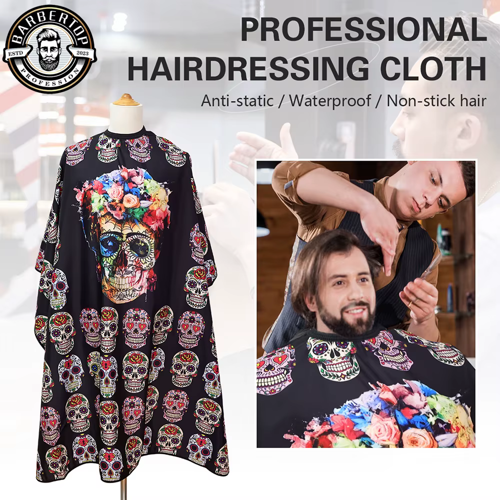 Capes de coupe de cheveux pour barbier, motif rétro, tête de mort, imperméable, coiffeur, robe de salon de coiffure, antistatique, grill, fournitures de salon
