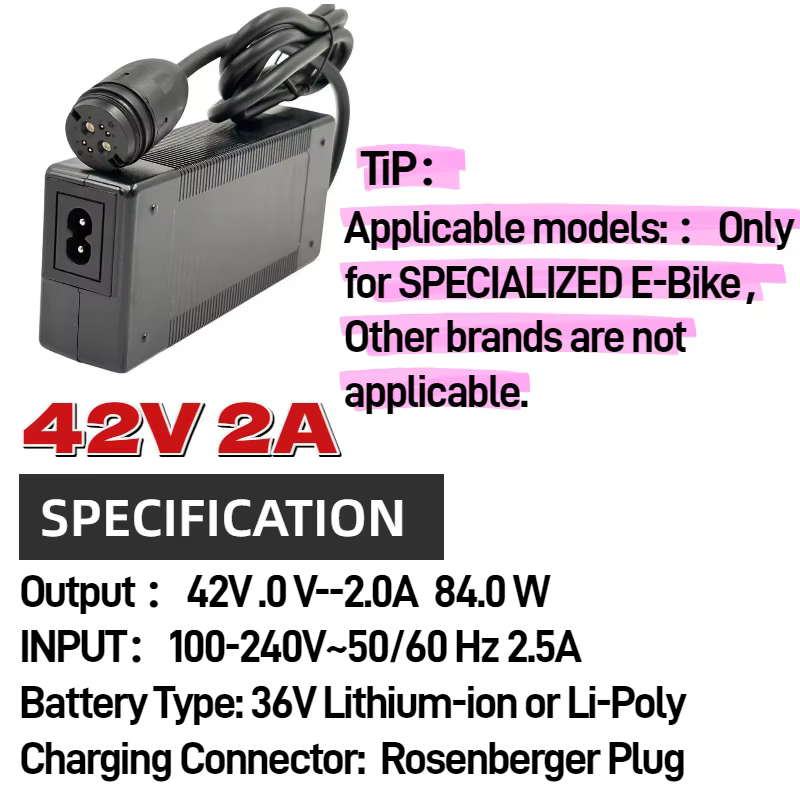Chargeur de vélo électrique Elecrun 42V 4A /2A compatible avec la batterie Li-Ion 36V RoPd 6 broches Specialized Turbo