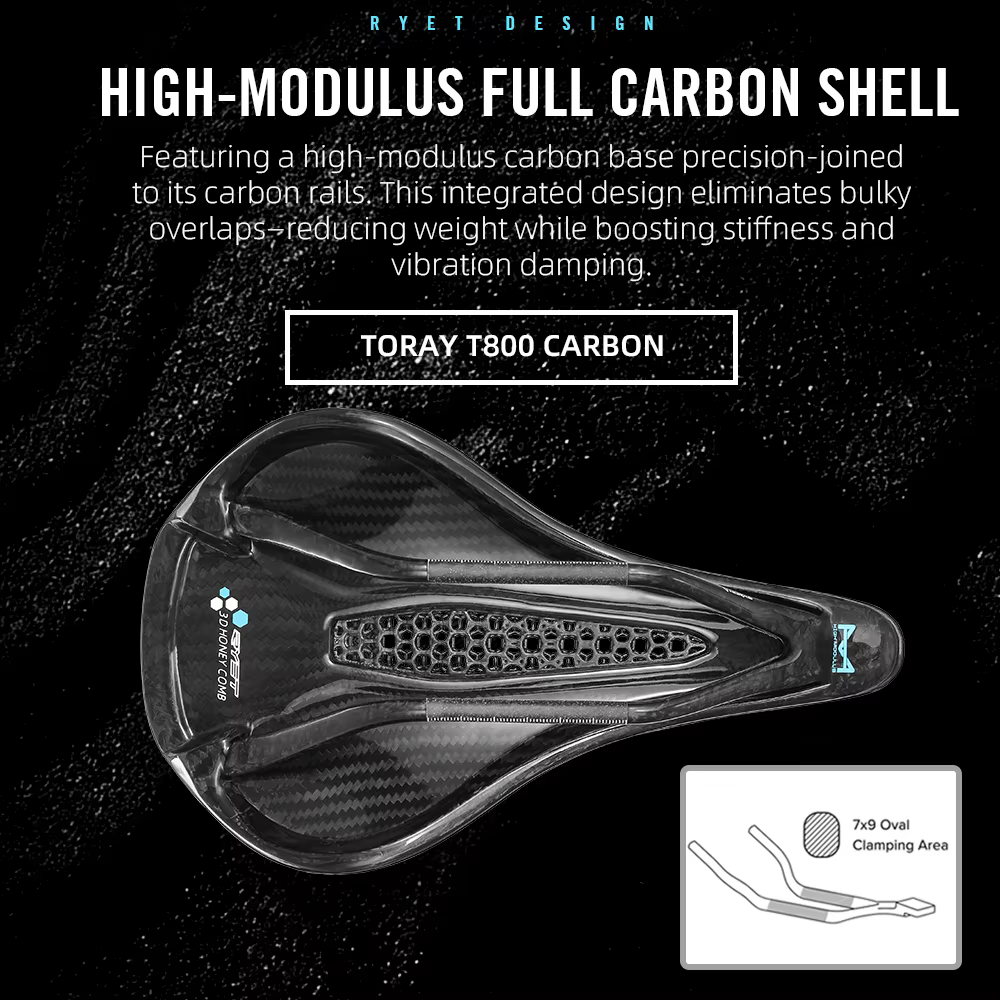 Selle de vélo RYET en carbone imprimée en 3D 145/155MM 190g 7*9 pour hommes et femmes