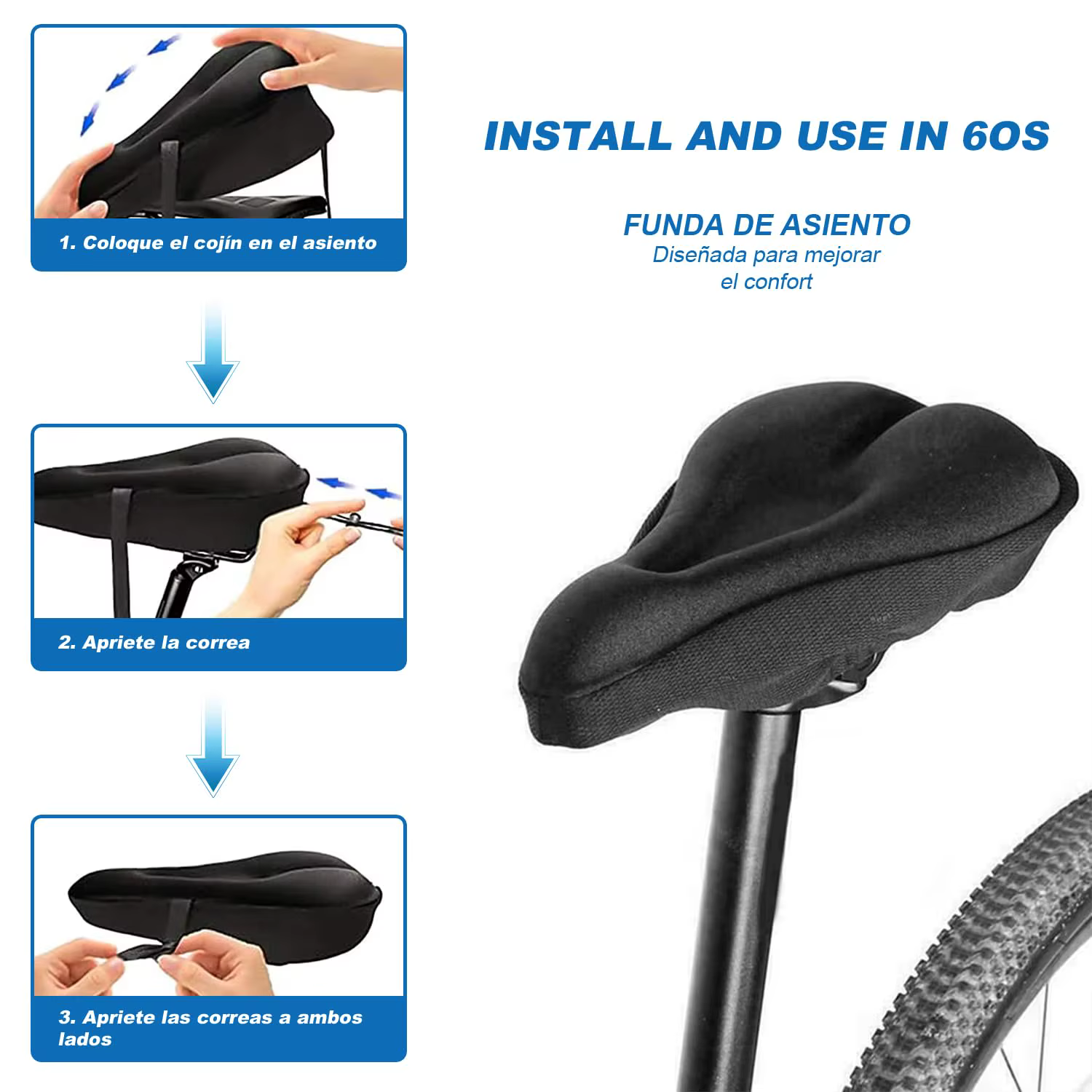 1 housse de selle de vélo rembourrée 3D en mousse gel large pour VTT