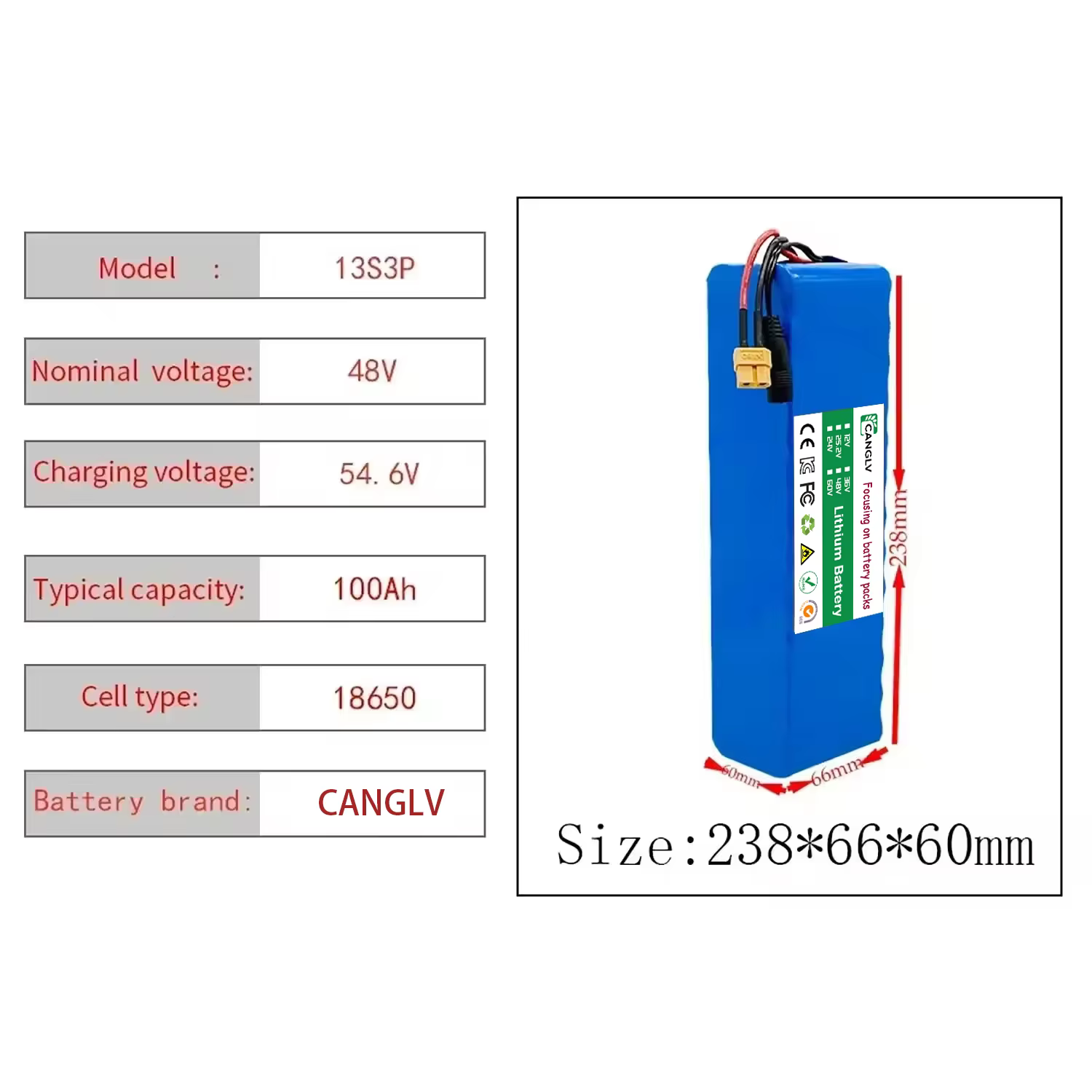 Batterie rechargeable haute capacité 48V 100Ah 13S3P 1000W BMS 54.6V pour vélo électrique et trottinette
