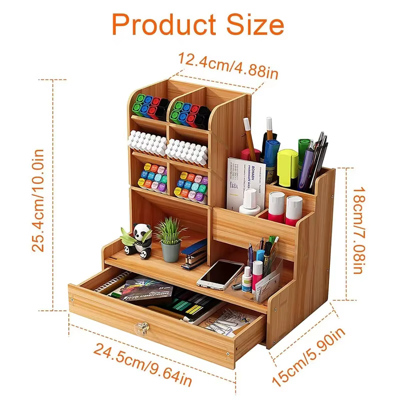 Organisateur de bureau en bois DIY, porte-stylos de bureau, boîte de rangement de papeterie grande capacité avec tiroir pour la maison, le bureau et l'école