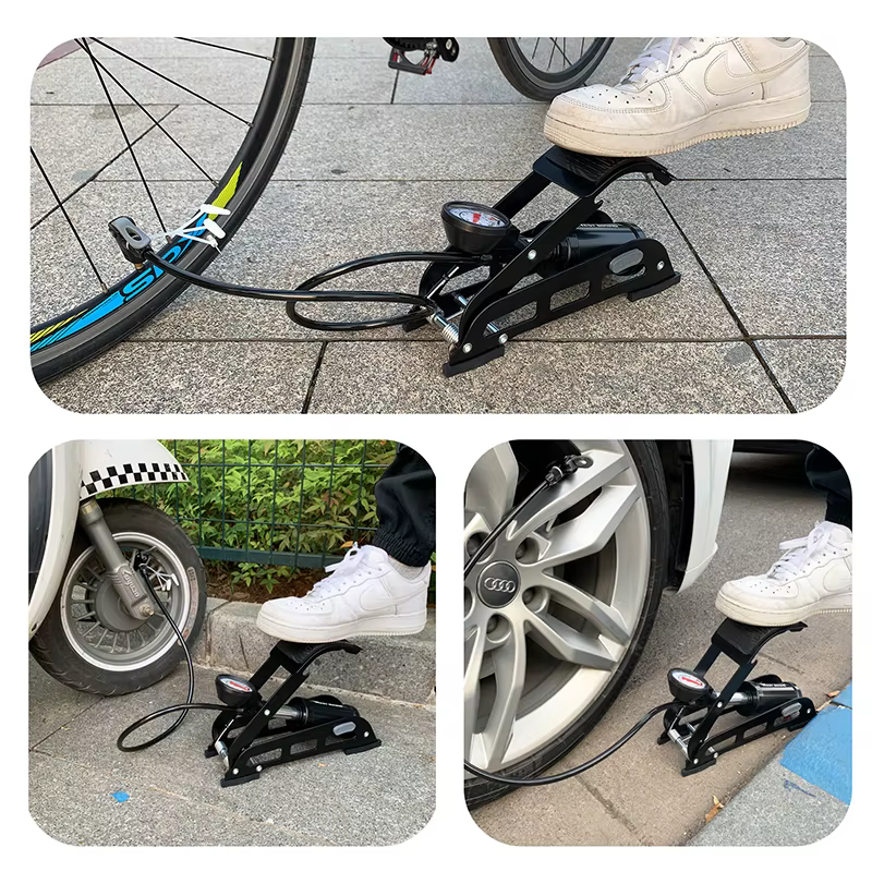 Pompe à pied haute pression WEST BIKING à double cylindre 170 PSI avec manomètre pour moto et vélo