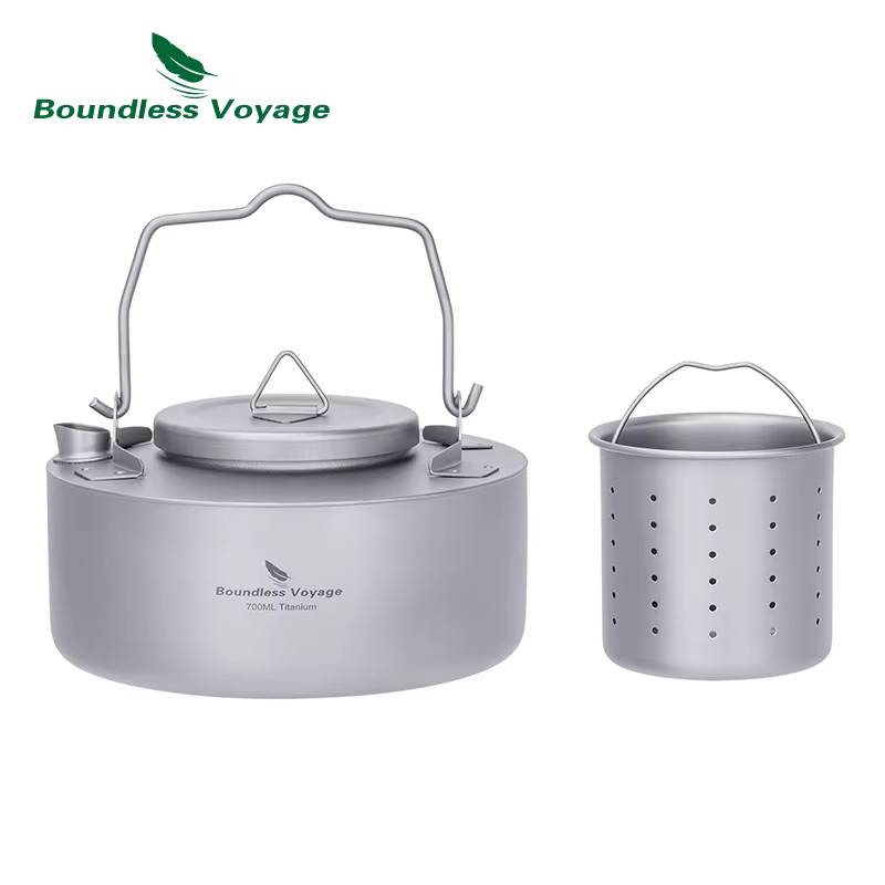 Bouilloire de Camping monocouche en titane, Voyage sans limites, avec poignée pliante, équipement de Bushcraft Durable de 700ML, machine à thé à feu ouvert