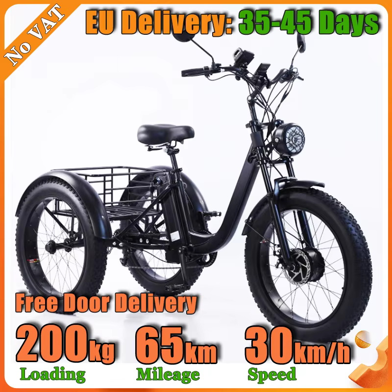 Tricycle électrique 750W, 24 pouces, 7 vitesses, pneus larges, batterie lithium 48V18AH, tricycle cargo robuste pour adultes, capacité 200 kg