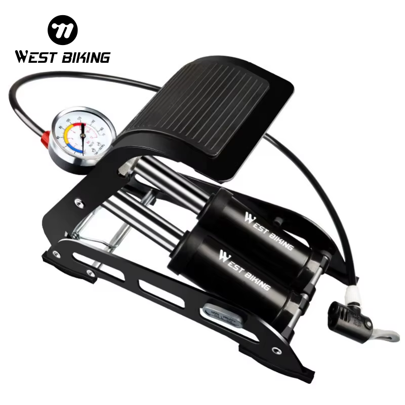 Pompe à pied haute pression WEST BIKING à double cylindre 170 PSI avec manomètre pour moto et vélo