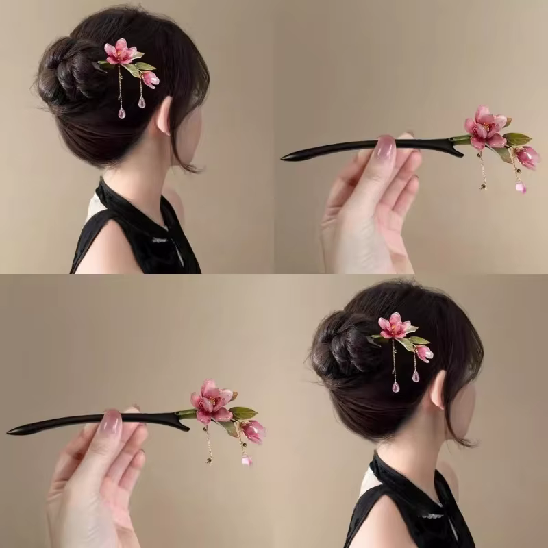 Épingle à cheveux florale de Style chinois, pompon de fleur rose, accessoire de cheveux élégant Hanfu traditionnel rétro pour femmes, fête quotidienne