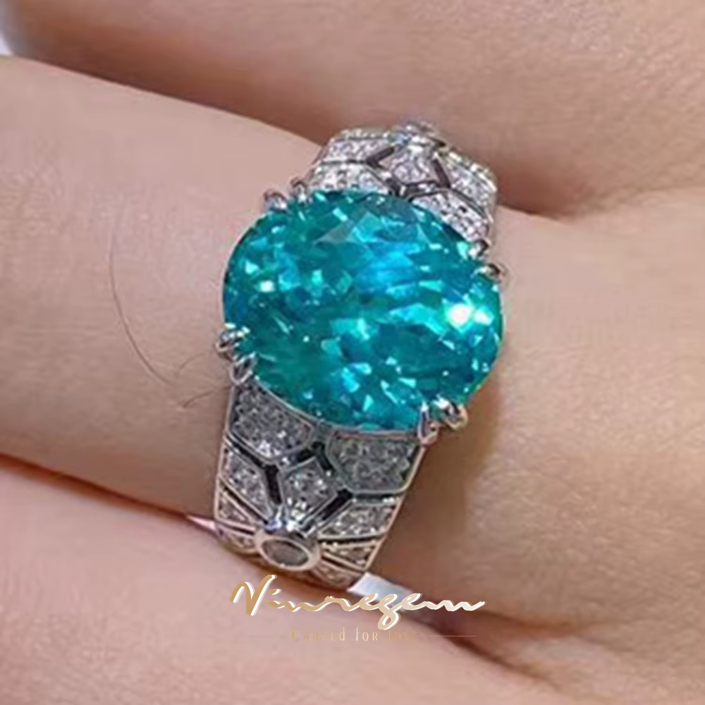 Vinregem – bague de cocktail en argent sterling 925 pour femmes, coupe ovale, tourmaline Paraiba, diamants à haute teneur en carbone, bijoux fins