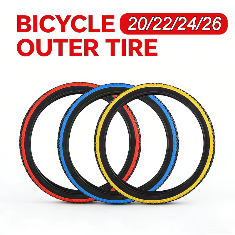 Pneu extérieur noir pour VTT 20/22/24/26 pouces avec bord jaune/bleu/rouge/vert/blanc