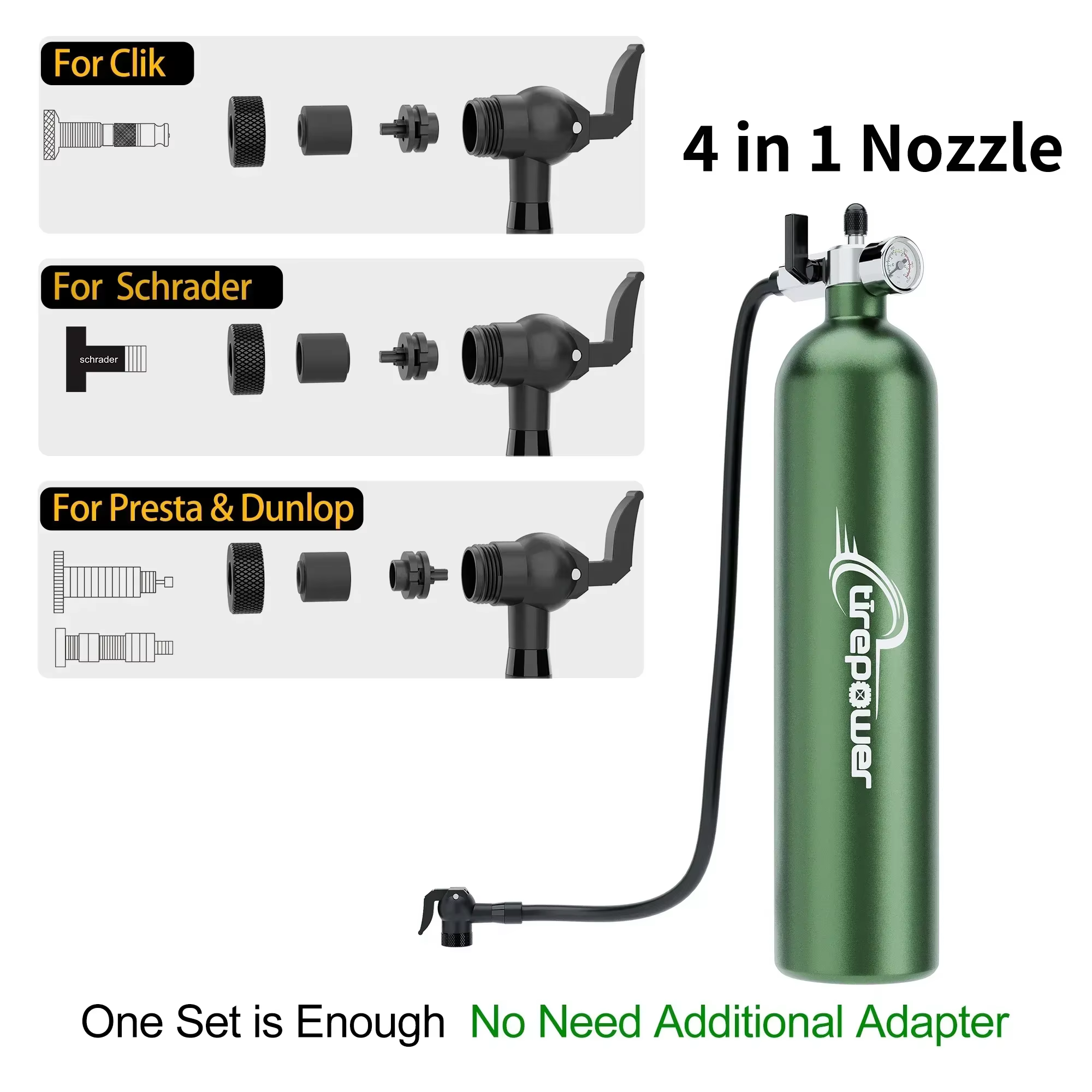 Pompe à vélo 1,3 L, gonfleur sans chambre à air, bouteille d'air pour pneus, booster de pneus avec valve, cylindre à gaz avec manomètre pour VTT et vélo de route