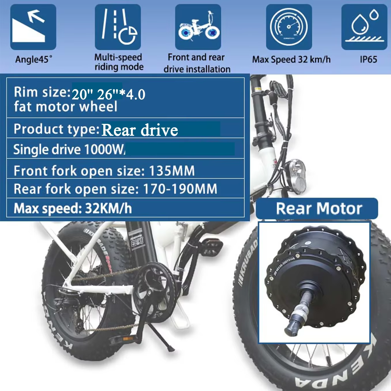 Gros pneu moyeu moteur roue 48V 1000W 4.0 "26in 20 pouces avant arrière frein à disque pilote Kit de Conversion