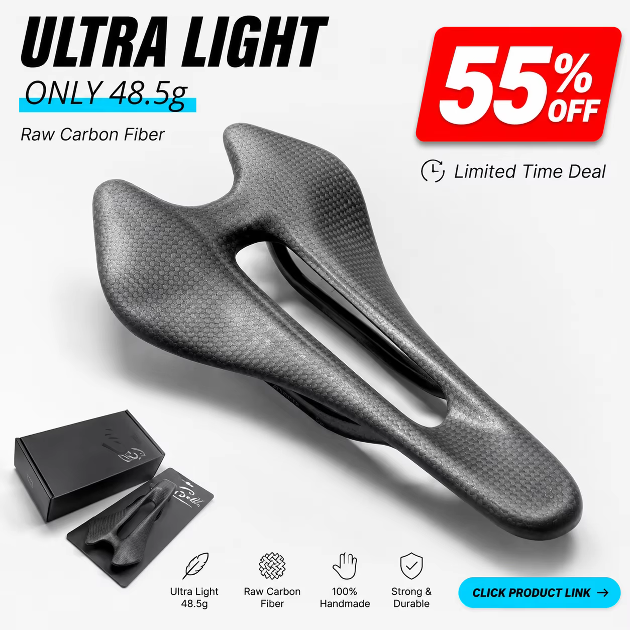 Selle de vélo ULLICYC entièrement en carbone 48g 3K Raw Matte 242x122mm 7x9mm Rail ovale