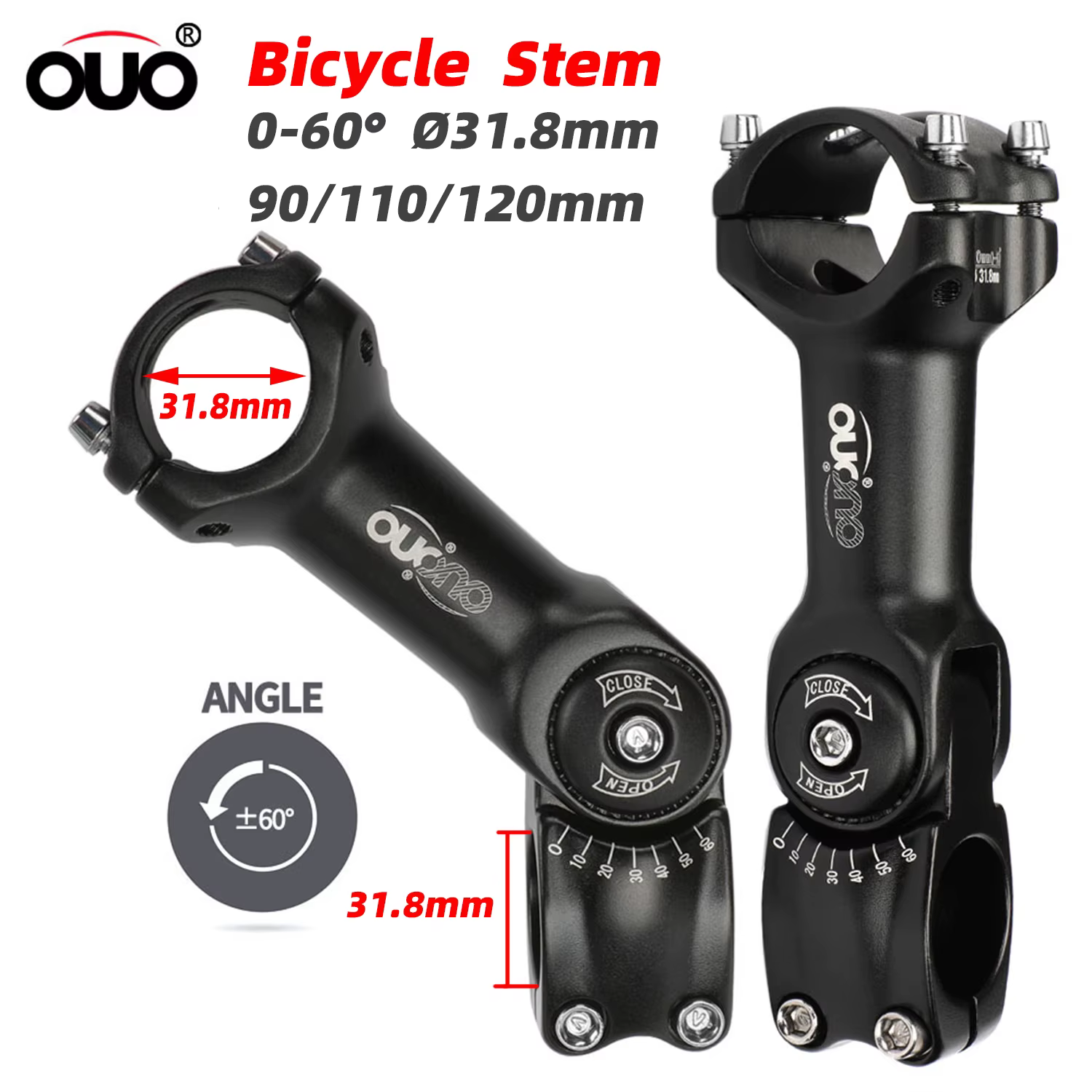 OUO tige de vélo réglable 31.8mm tige de guidon vtt Riser pour géant OD2 31.8mm tube de fourche 0-60 degrés vtt puissance vélo 90/110/120
