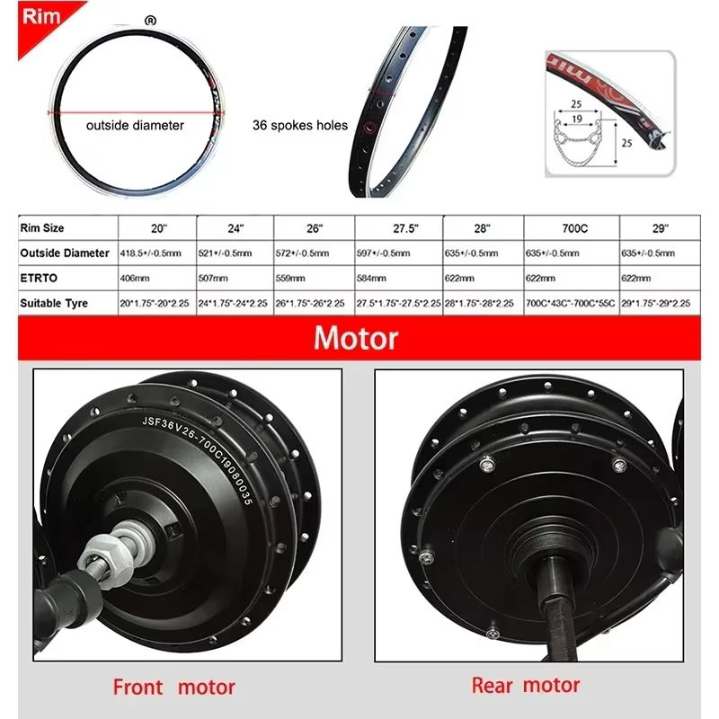 Moteur de roue de vélo électrique 36V 250W 350W 500W