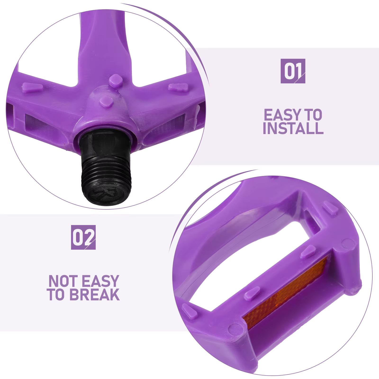 Pédales de vélo violettes en plastique et fer