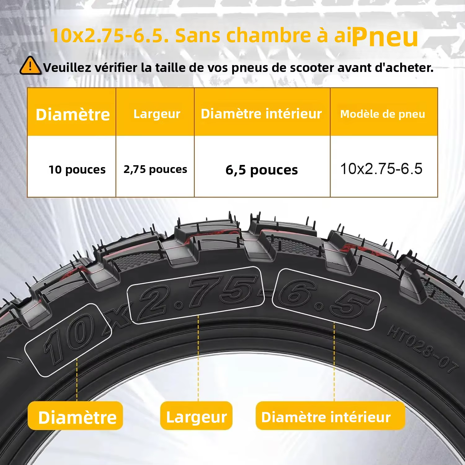 Pneu tubeless 10x2.75-6.5 avec valves