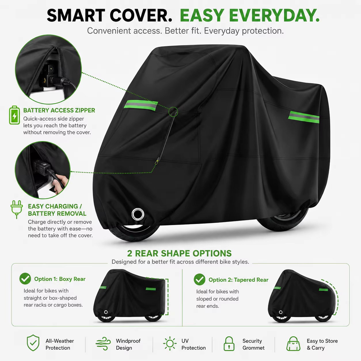 Housse pour vélo et cyclomoteur, tissu Oxford épais 500D, imperméable et résistant aux UV, fermeture éclair pour batterie, pour vélos électriques et sièges enfant, noir