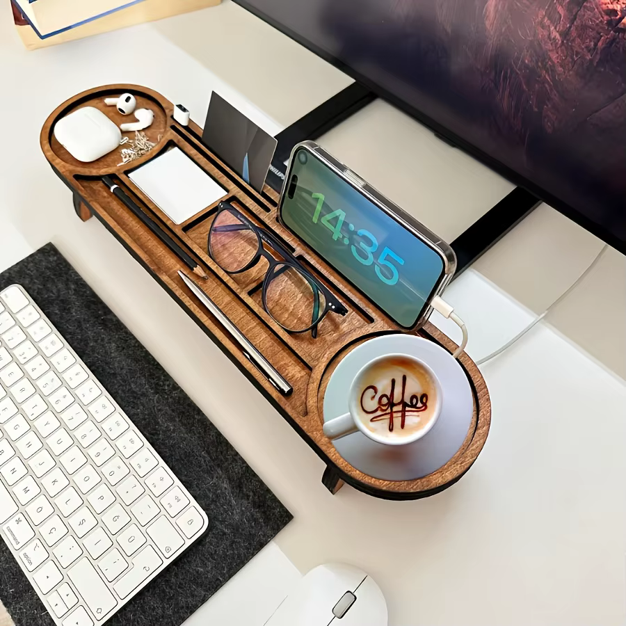 Organisateur de bureau en bois avec support surélevé, porte-gobelet multi-compartiments, porte-stylo, pour la papeterie de bureau et la décoration de bureau à domicile