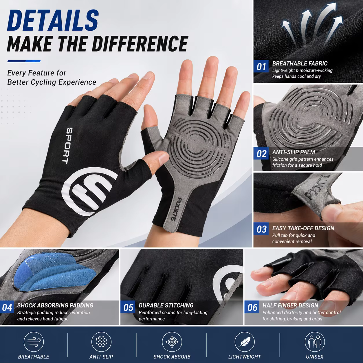 Gants de cyclisme demi-doigts pour tous