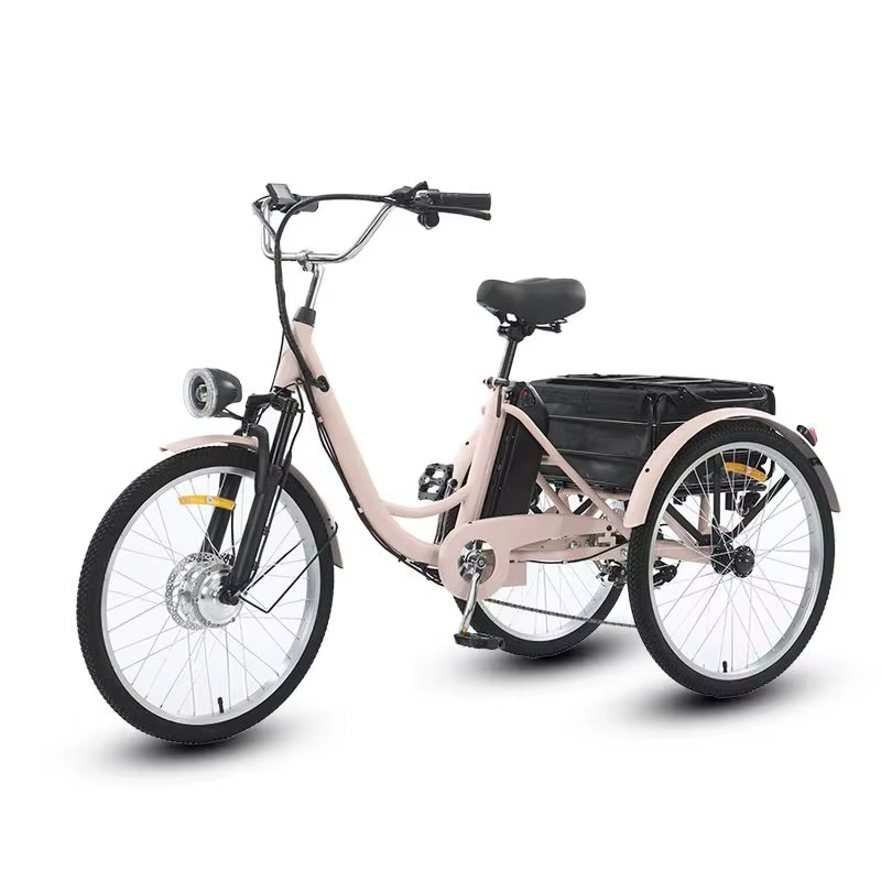 Tricycle de vélo électrique rose à 3 roues avec panier de chargement