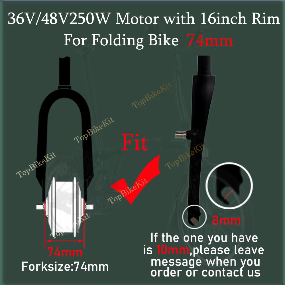 Moteur de moyeu avant 74 mm TBK-74AD 36V/48V 250W à 28 trous pour vélo électrique pliant 16 pouces