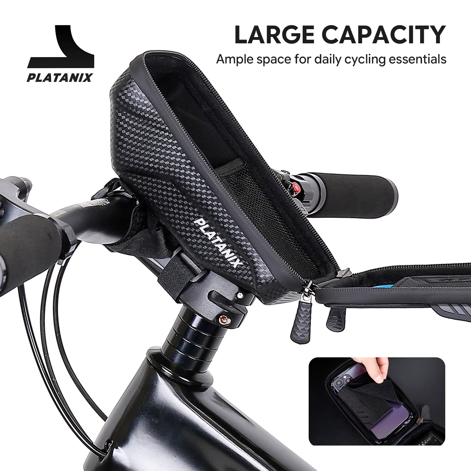 PLATANIX A1 Sac de guidon rigide en EVA pour VTT et vélo de route et pochette pour téléphone à fixer sur le cadre - Équipement de cyclisme polyvalent pour l'extérieur