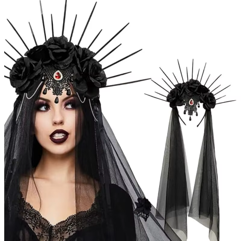 Couronne halo gothique, bandeau fleuri, voile noir. Accessoire de couronne Sunburst Spike pour dames, accessoire de cheveux pour costume d'Halloween