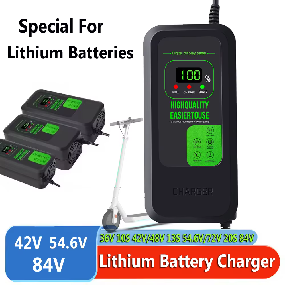 Chargeur de batterie lithium 2A 5A 36V 10S 42V/48V 13S 54.6V/72V 20S 84V pour trottinette électrique, prise DC 36V 48V 72V