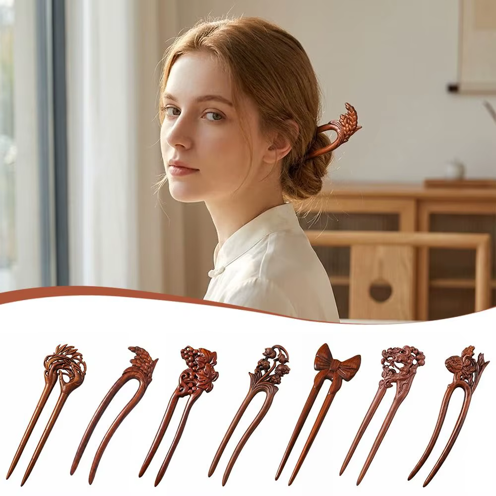 Accessoires pour cheveux, coiffure, double épingle à cheveux en bois sculpté en forme de U, fleurs, fourche à cheveux, épingle à cheveux en bois de style chinois pour femmes