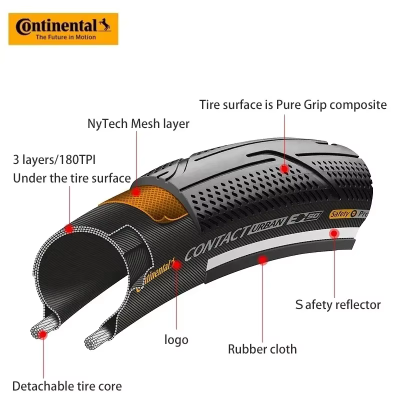 Pneus de vélo Continental Contact Urban 28/29 pouces à talon de fil métallique 40/42/47/50/55-622 180 TPI pour VTT et vélos électriques avec bandes réfléchissantes
