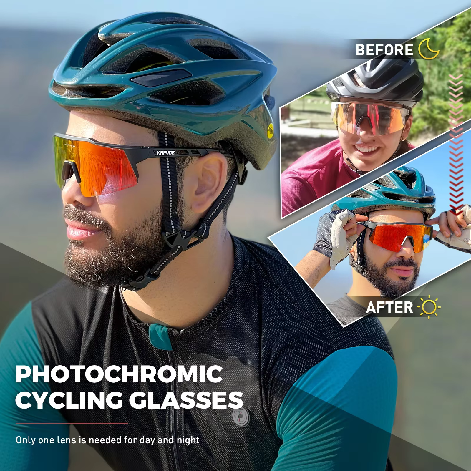 Kapvoe rouge photochromique cyclisme lunettes de soleil pour hommes bleu photochromisme