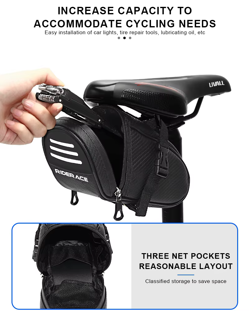 RIDERACE sac de selle de vélo petit rangement étanche noir réfléchissant pour vtt route VTT siège arrière outil pochette sac