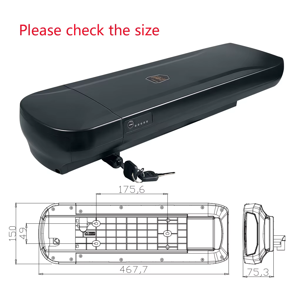 Batterie de vélo électrique Phylion pour porte-bagages arrière 36V 10.4Ah 13Ah 15Ah 17.5Ah 21Ah E-bike Joycube Wall-ES