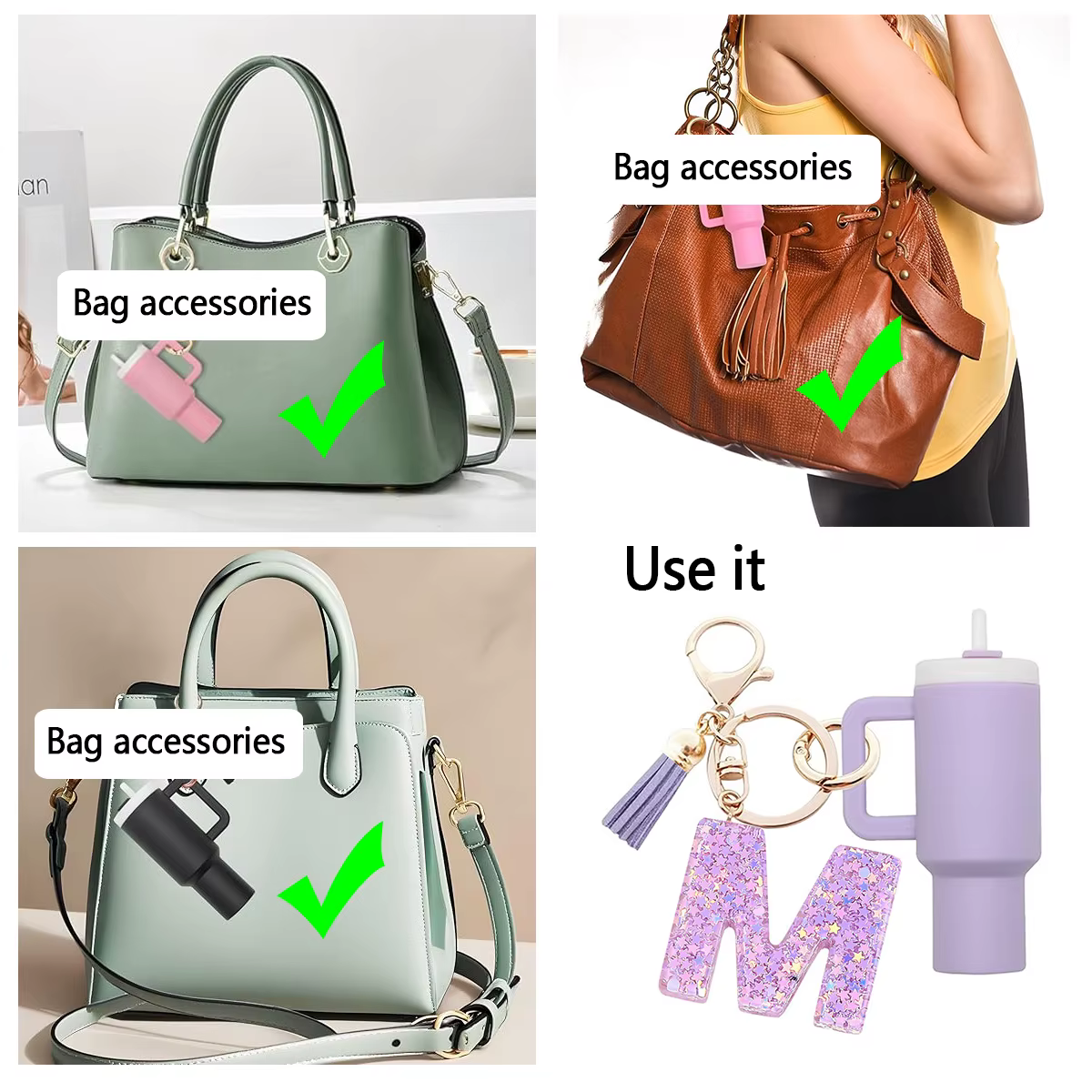 1 ensemble d'accessoires Stanley Cup, mini porte-clés pour femme, accessoires lettre initiale, accessoires pour sac à dos, porte-clés mignon pour fille
