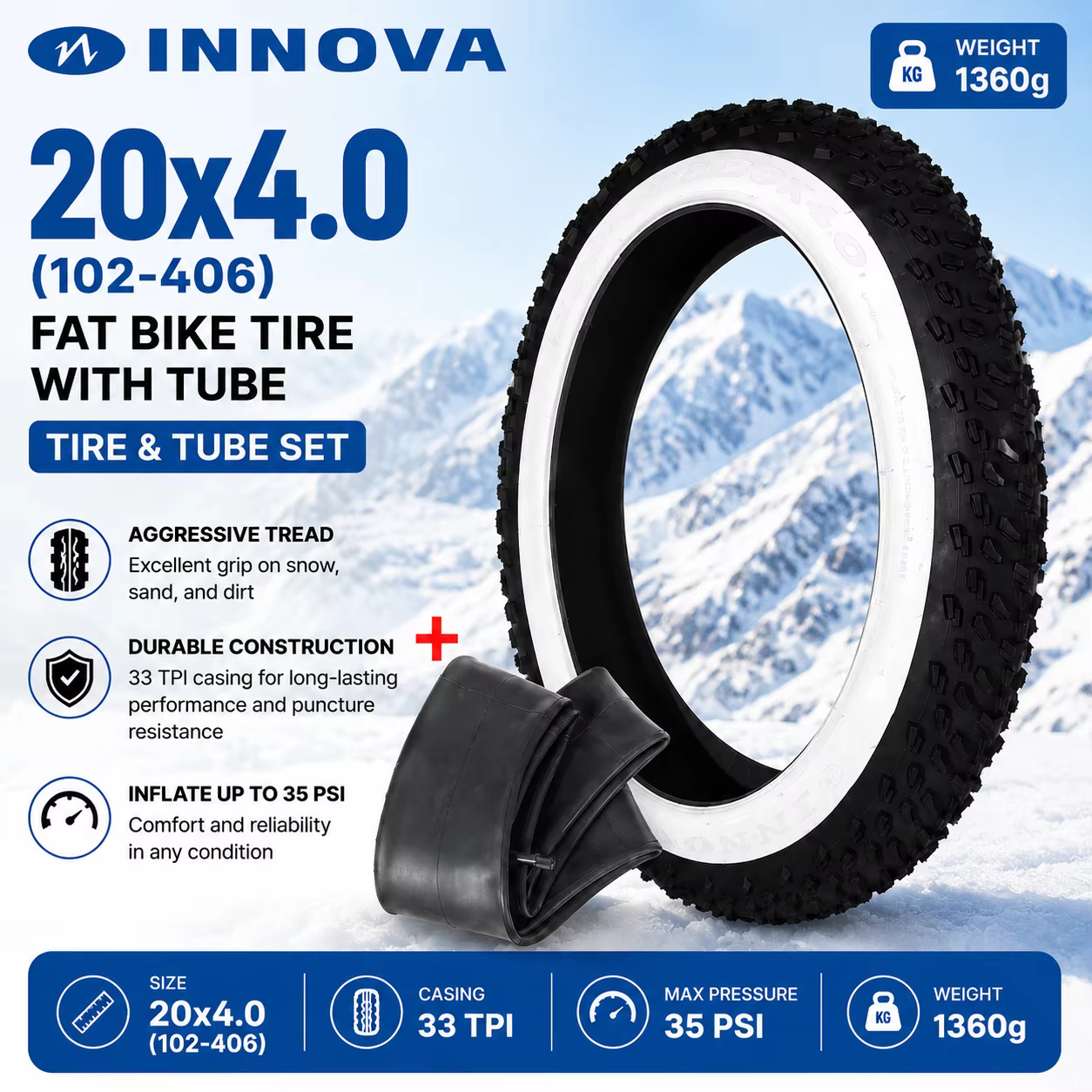 Pneu de vélo électrique INNOVA LV-1003 20x4.0 Fat Bike avec chambre à air