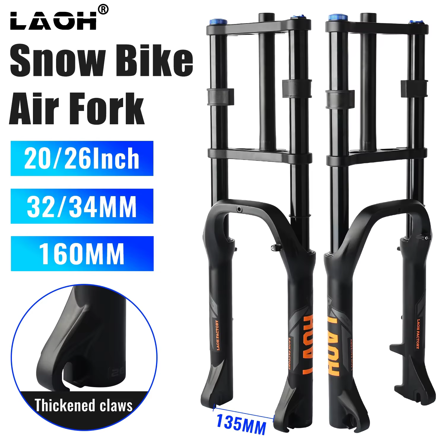 Fourche de suspension LAOH 20 pouces pour vélo, avec pneu 4.0, débattement 160 mm, double épaule, QR 9 mm, tube droit, pour VTT, Fat Bike, neige et plage
