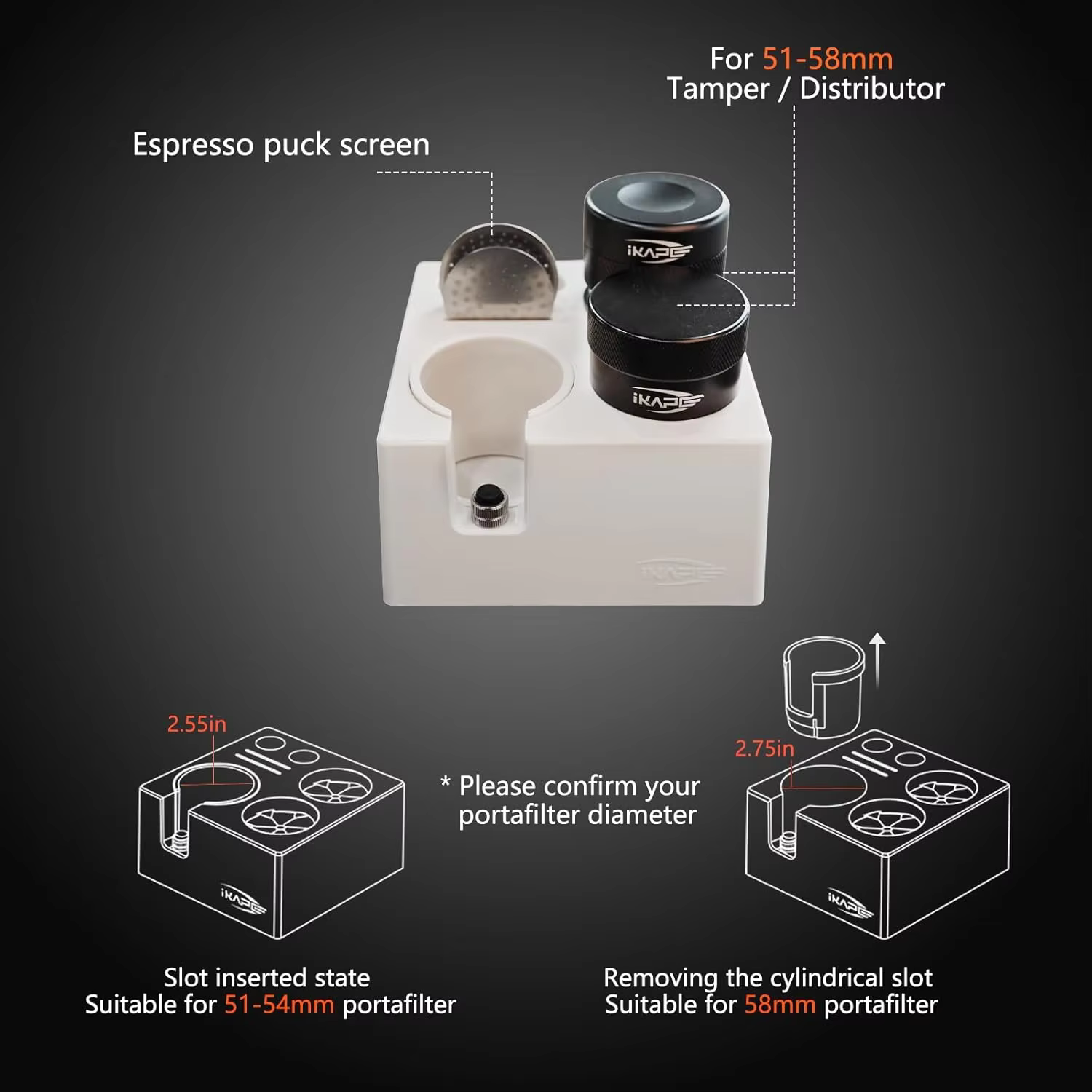 IKAPE Boîte à Expresso 7-en-1 51/54/58MM, Organisateur de Rangement pour Accessoires de Café, Boîte à Outils Universelle pour Bar à Expresso Noir/Blanc
